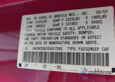 2007 Honda Accord 2.4 Ex z USA, uszkodzony, nr VIN 1HGCM72637A017392